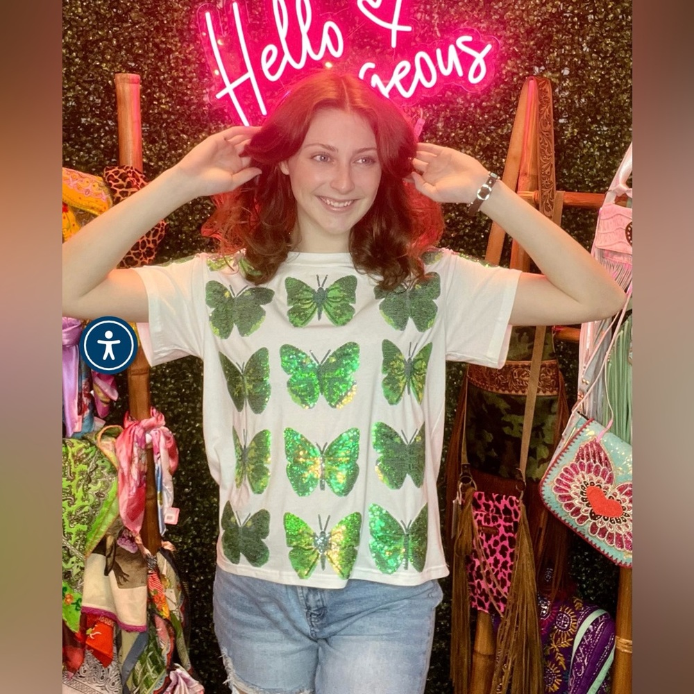 Queen of Sparkles White with Green Butterfly Sequin T-Shirt - Size XS